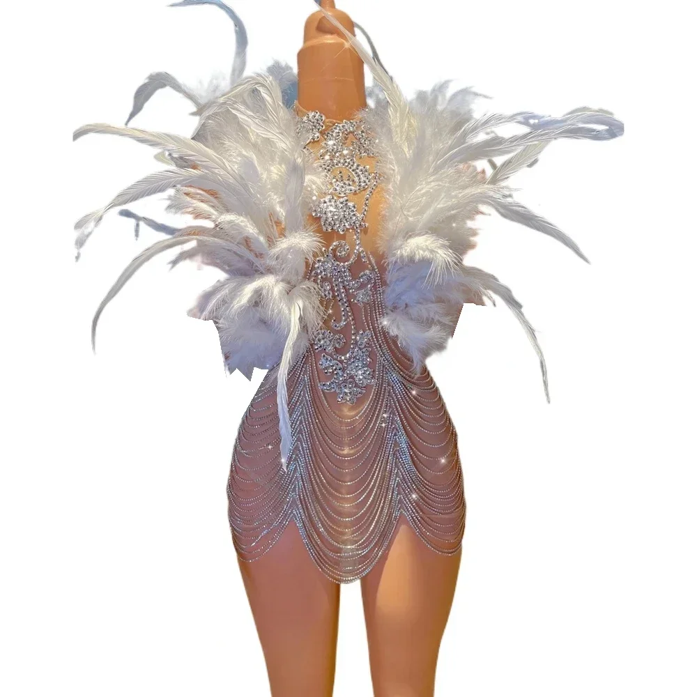 

Sparkly Rhinestones Chains Feathers Short Dress for Women Nightclub Show Stage Wear Sexy Mesh Performance Dance Costume