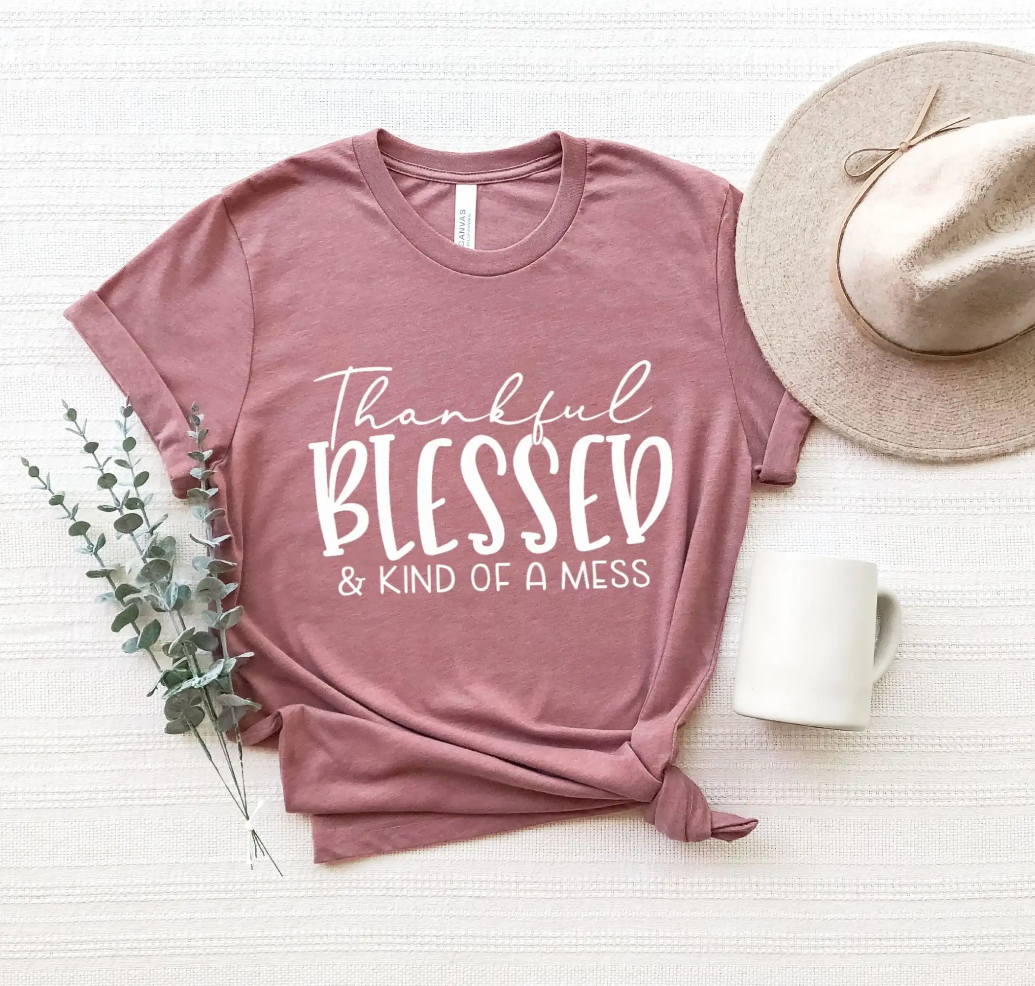 Thankful Blessed And Kind Of A Mess T Shirt Thanksgiving Funny Fall Grateful Autumn Vibes