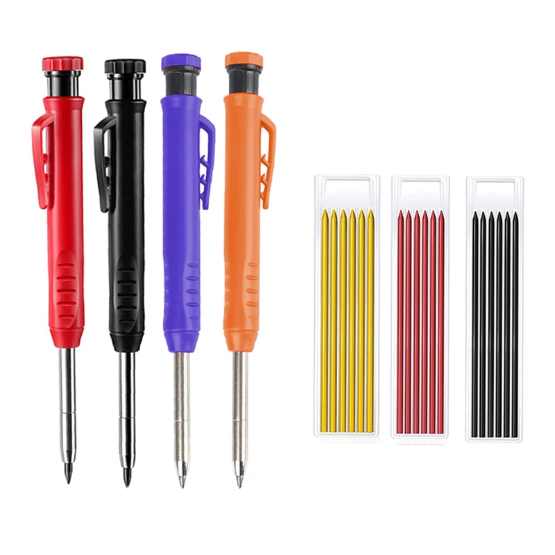 Solid Carpenter Pencil Set With Multicolor Refill Leads Built-In Sharpener Deep Hole Mechanical Pencil Marker Marking Tool