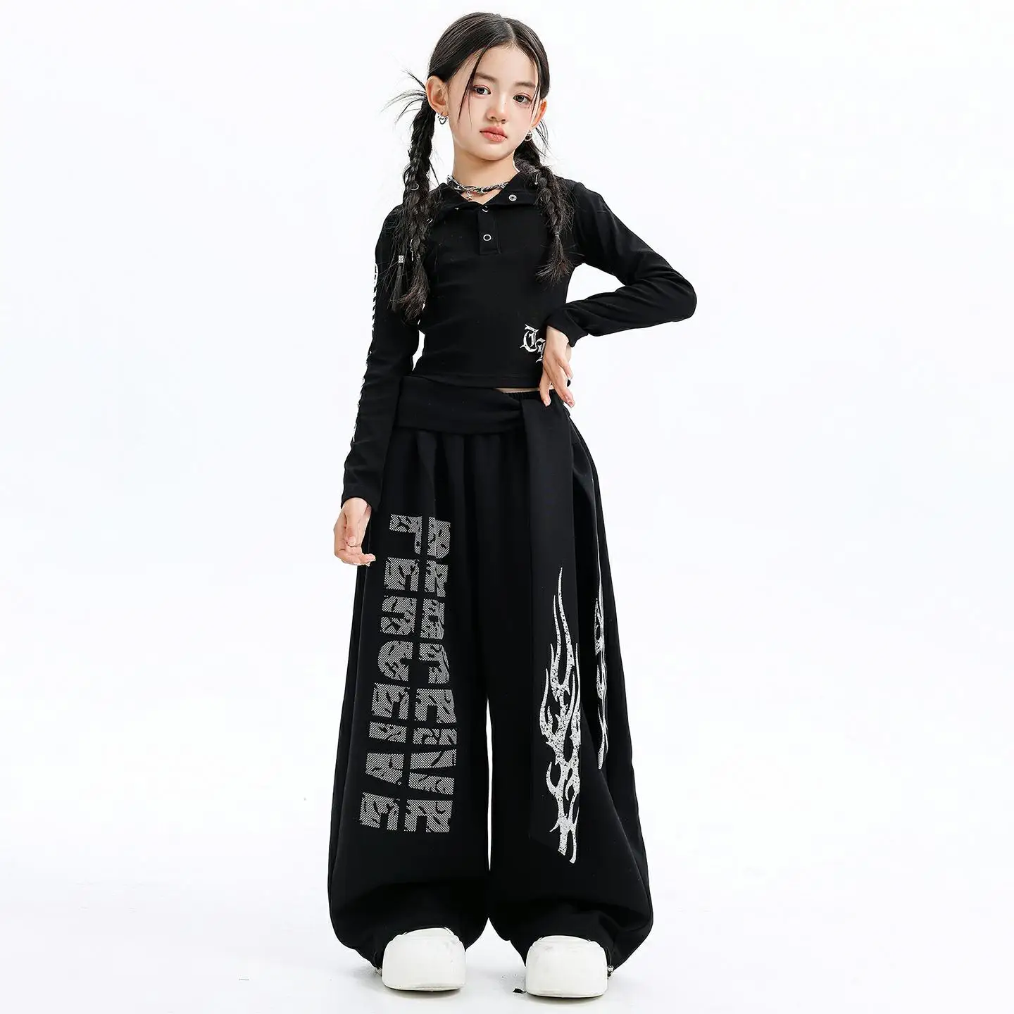 

Kid Kpop Hip Hop Clothing Black Hoodie Crop Sweatshirt Top Casual Flame Print Sweat Pants for Girl Dance Wear Costumes Clothes