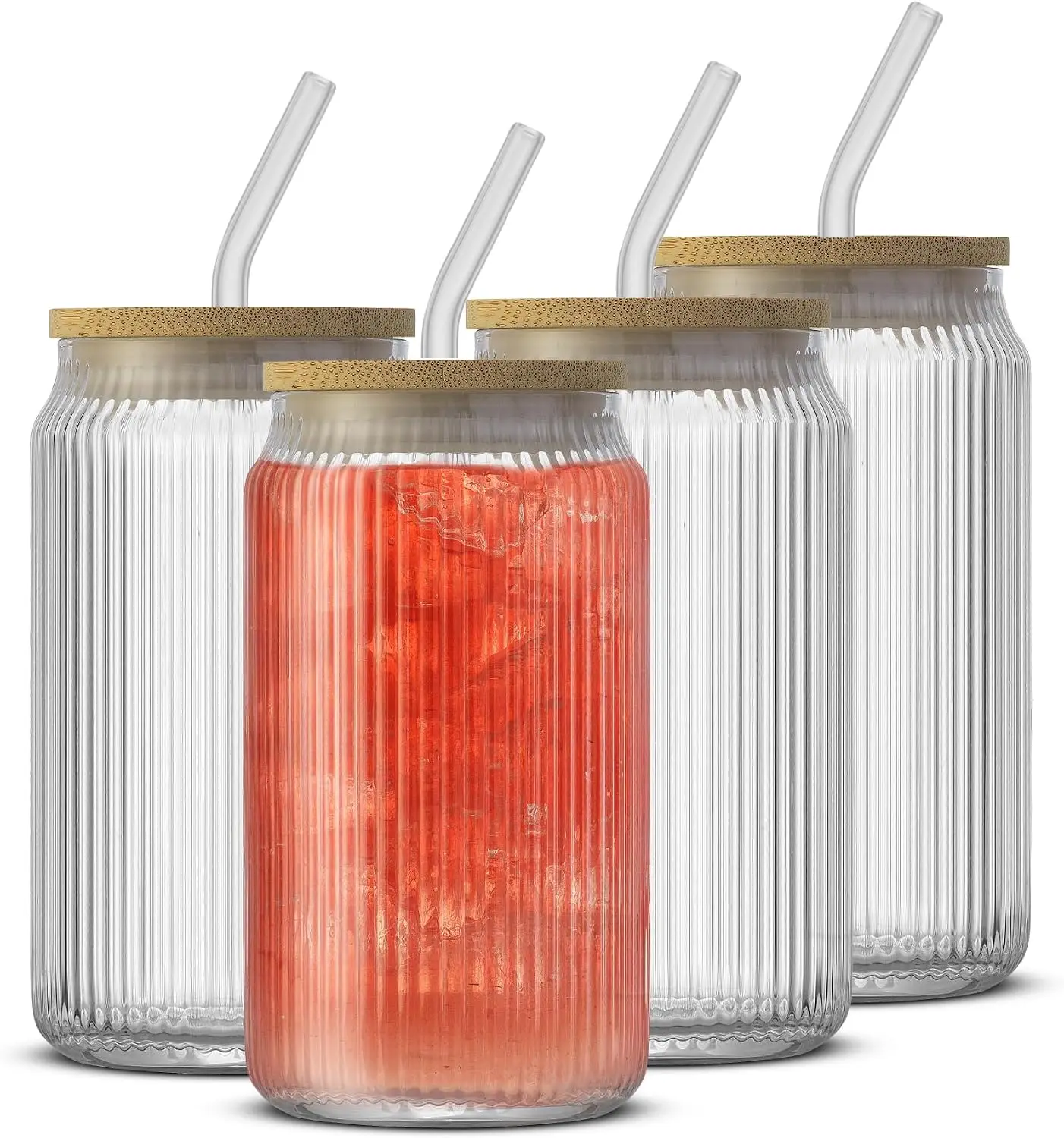 

16oz Glass Tumblers with Bamboo Lids & Straws, Set of 4 - Vintage Ribbed Design for Iced Coffee, Cocktails, Beer
