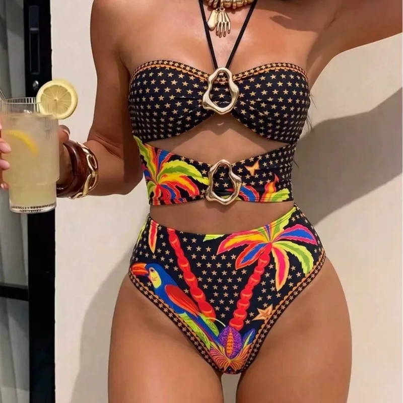 Halter One Piece Swimsuit Sexy Hollow Swimwear Women Shoulder Trikini Swimsuit Print Beach Wear Female Слитный Купальник Женск