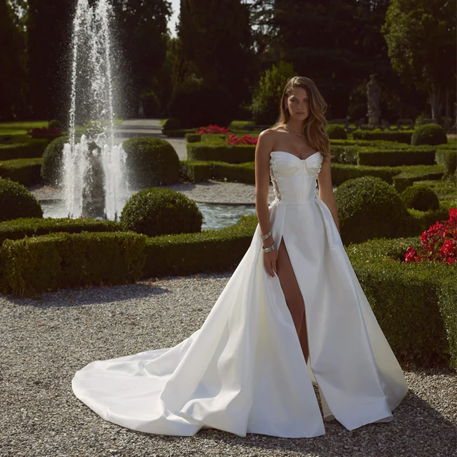 

Customized Sweetheart Lace Appliques Trumpet Wedding Dress Illusion Front Slit Bridal Dress bechoyer bridal official