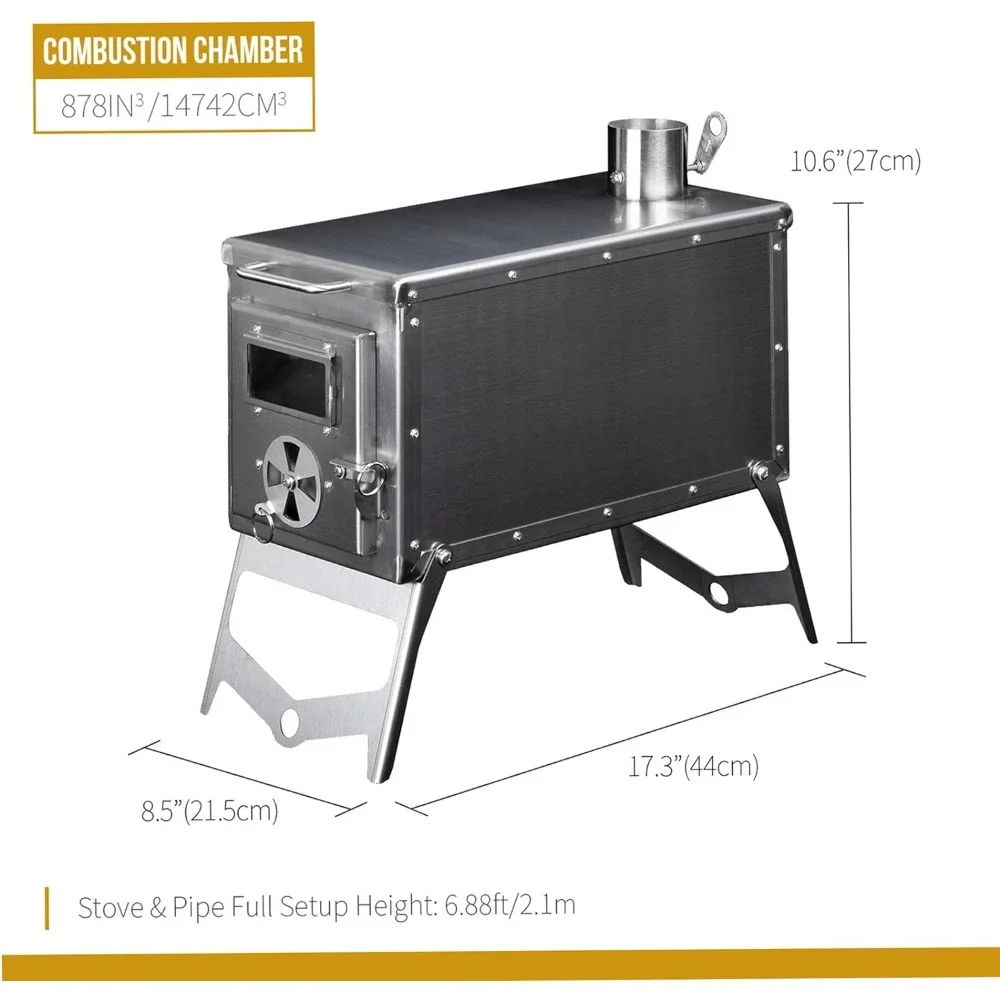 Portable Wood Burning Stove for Winter Camping Hunting and Outdoor Cooking, Pipes Included.