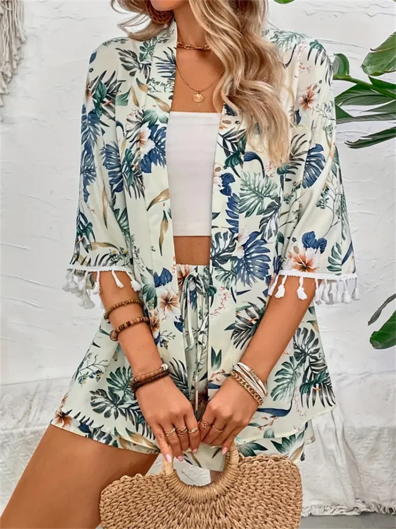 Short Sleeve Women Tassel Hawaiian Summer Printed Sun Protection Shirt Short Two-piece Suit