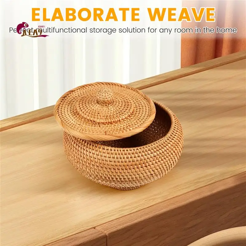 

AEA9-корзина для хранения, сотканная вручную из ротанга с крышкой, круглая, основной цвет, китайские ювелирные изделия, закуски, коробка для хранения чайного сервиза