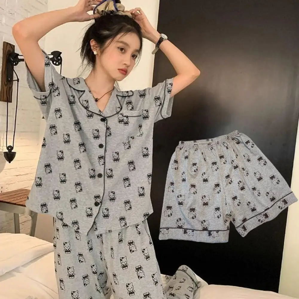Cartoon 3 pezzi pigiama completo Hello Kitty vestiti estivi per la casa Anime Kawaii top pantaloncini pantaloni per donna cotone casual indumenti da notte larghi