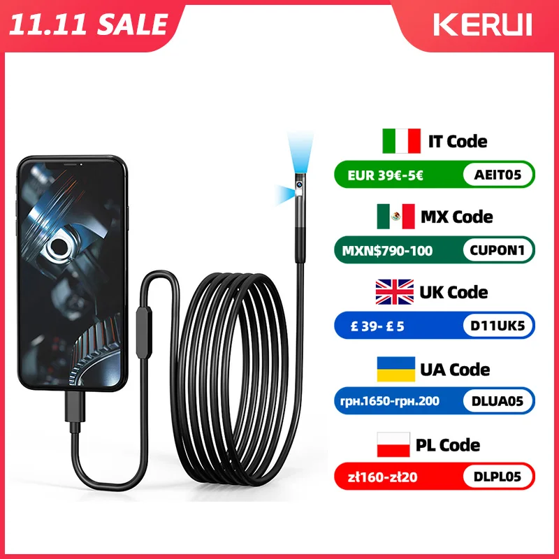 KERUI 2MP Single/Dual Lens Endoscope Android Mini Inspection Camera for Iphone Waterproof Pipeline Borescope Type C IOS