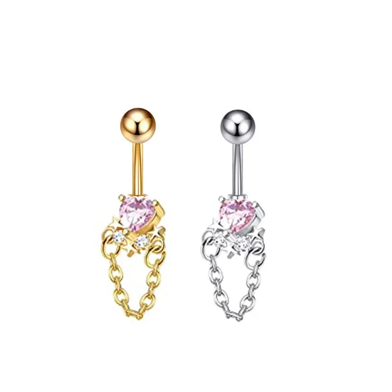1Pcs Heart Dangled Belly Button Rings Surgical Steel Bar Navel Piercing Ring Crystal CZ Moon Flower Heart Belly Ring Ear Jewelry