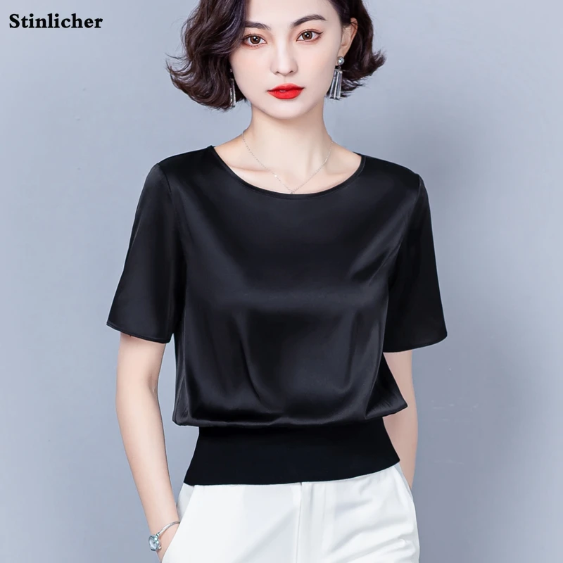 Summer Simple White Black Short Sleeve Silk Blouse Women Shirts Korea Office Ladies Work Party Blouses Female Slim Casual Tops