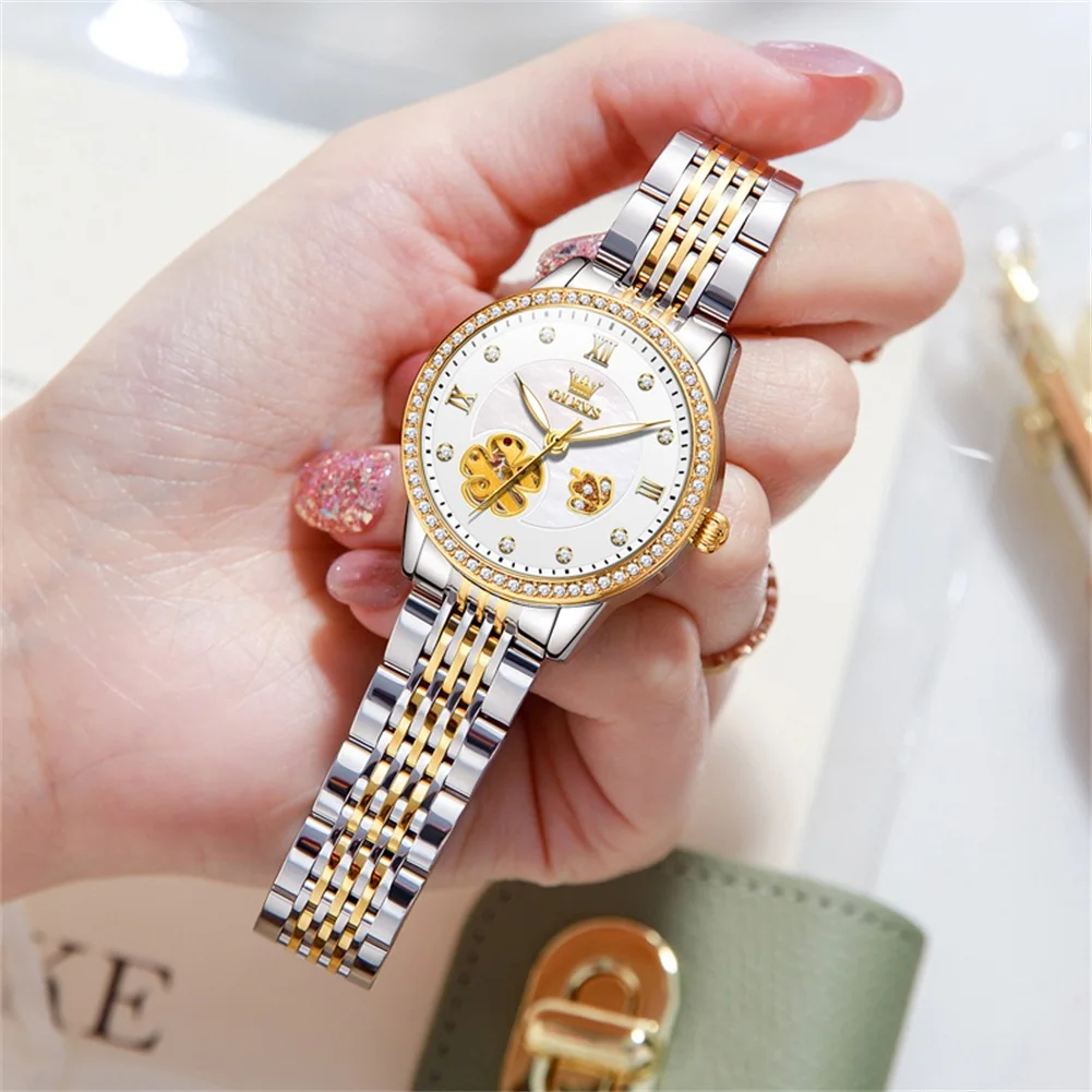 OLEVS 6706 Women's Fully Automatic Mechanical Watch Luxury Diamond Hollow Waterproof Night Light Watch Elegant Women Dress Watch