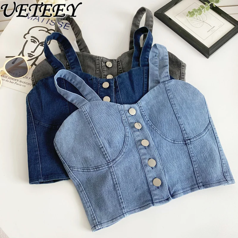 

Retro Hot Girl Denim Camisole Female 2024 Summer New Design Sense Single Breasted Base Crop-Top Outer Wear Short Top for Women