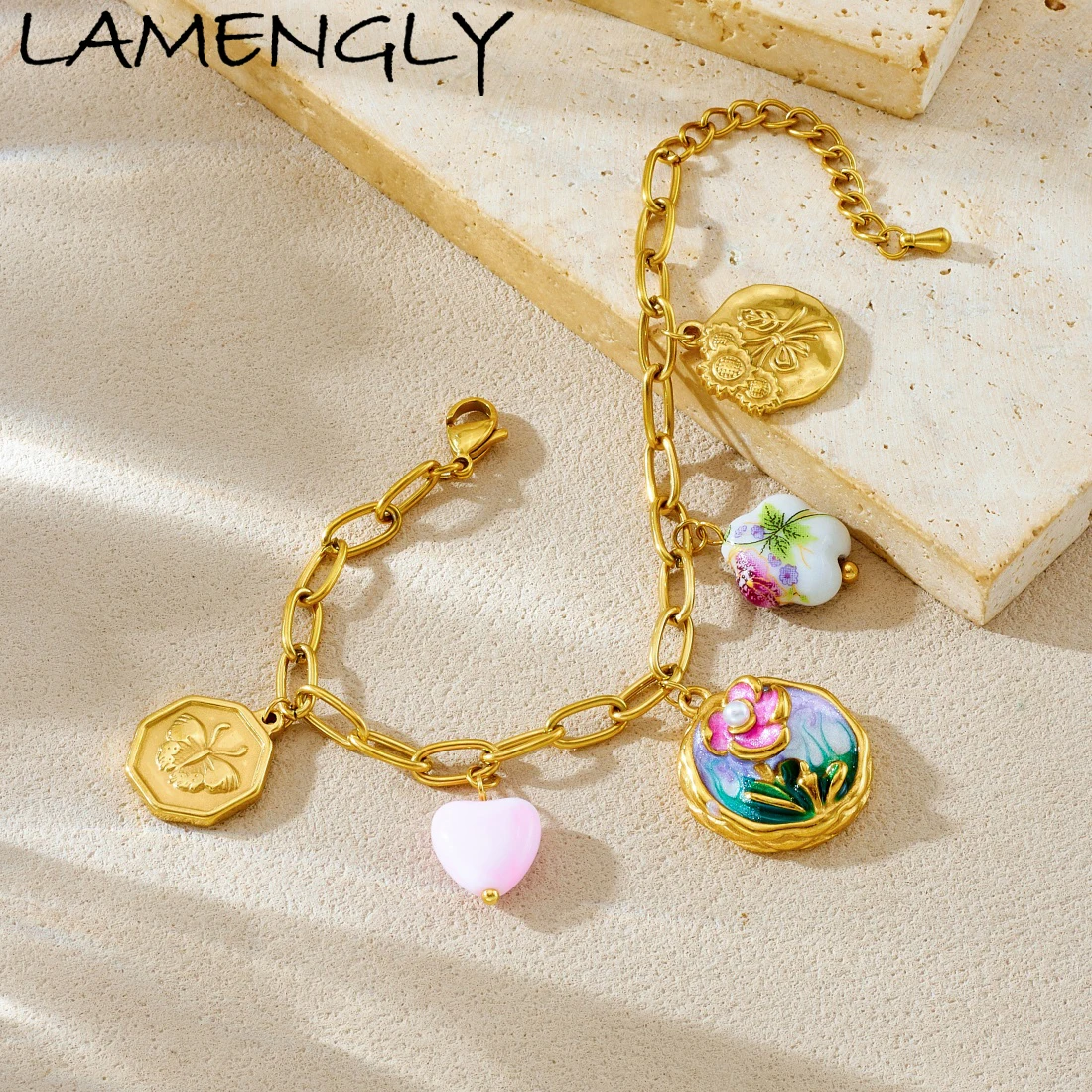 LAMENGLY 316L Acero inoxidable esmalte colorante flor colorida mariposa corazón rosa encanto pulsera mujer tendencia fresca cadena de muñeca