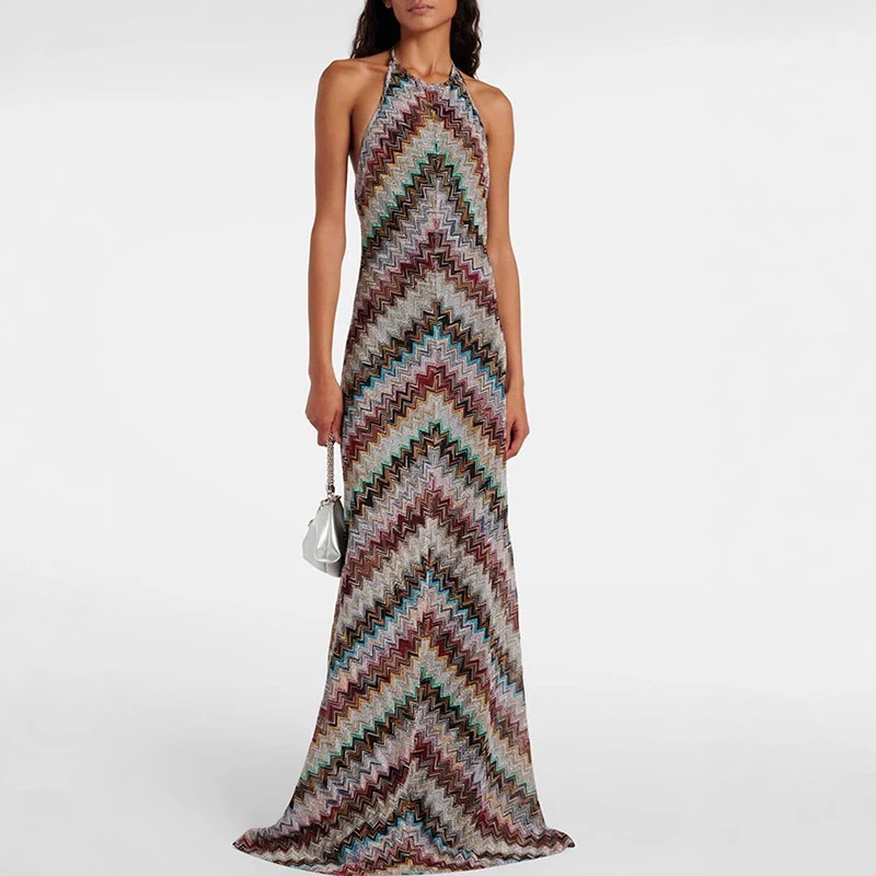 Sexy Sleeveless Halter Long Dresses For Women Summer Twill Striped Printed Beach Holiday Dress Women Elegant Party Dress Boho