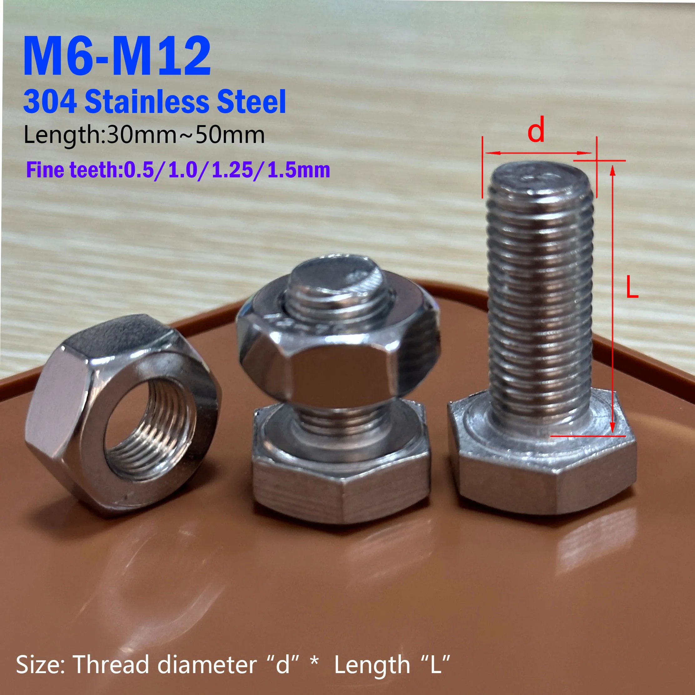 M6 M8 M10 M12 304 Stainless Steel Fine Teeth Hexagon Bolt Screw and Nut Set