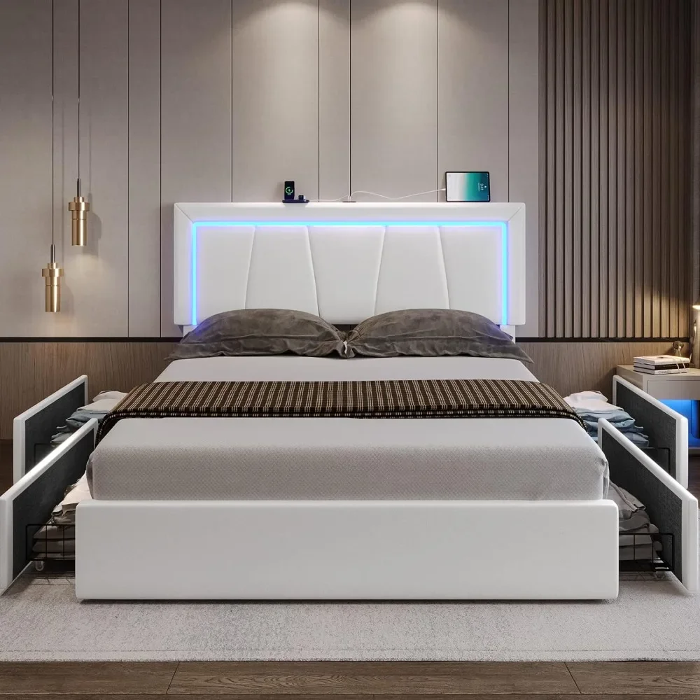 

Full LED Bed Frame with 4 Storage Drawers & USB Ports Modern Upholstered Platform with RGB LED Lights Headboard Bed Frame