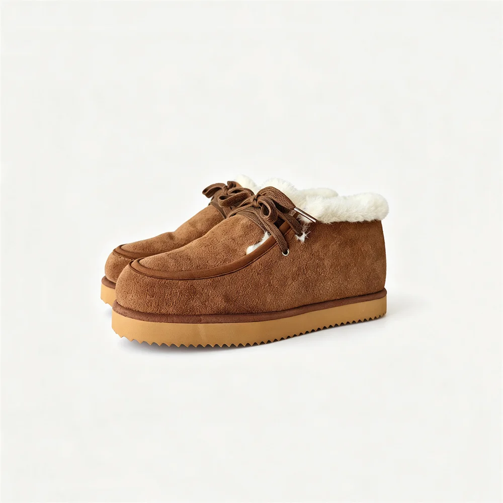 Women's Cow Suede Ankle Boots - Lace-Up Fur-Lined Winter Shoes