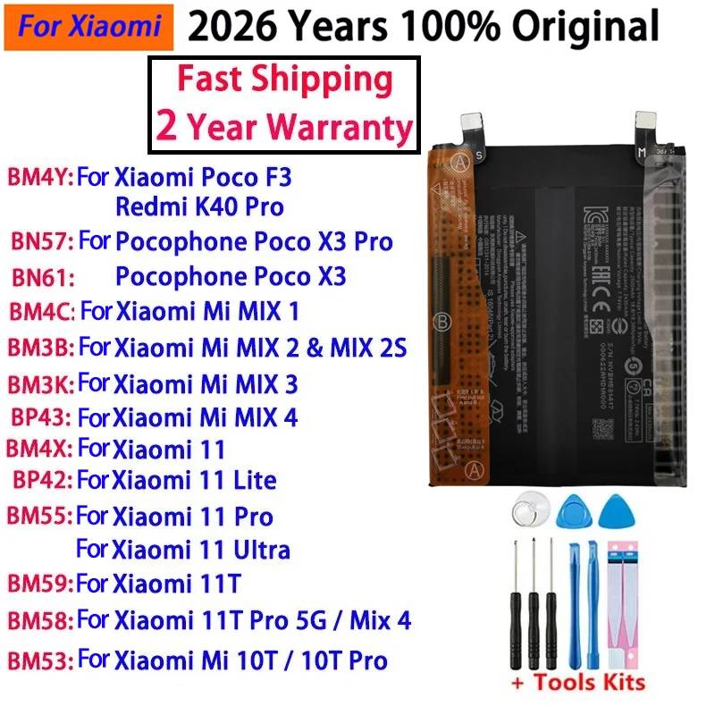 Batteries Originales 2026 pour Xiaomi Mi Mix 1 2 2S 3 4 Mi 11 Mi11 Lite Ultra Poco X3 F3 Redmi K40 10T 11T Pro