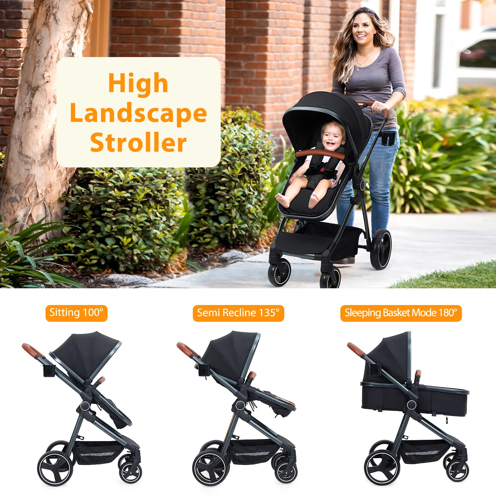 2 in 1 High Landscape Convertible Baby Stroller, Foldable Pushchair, Reversible Bassinet Pram with Adjustable Canopy Structure f