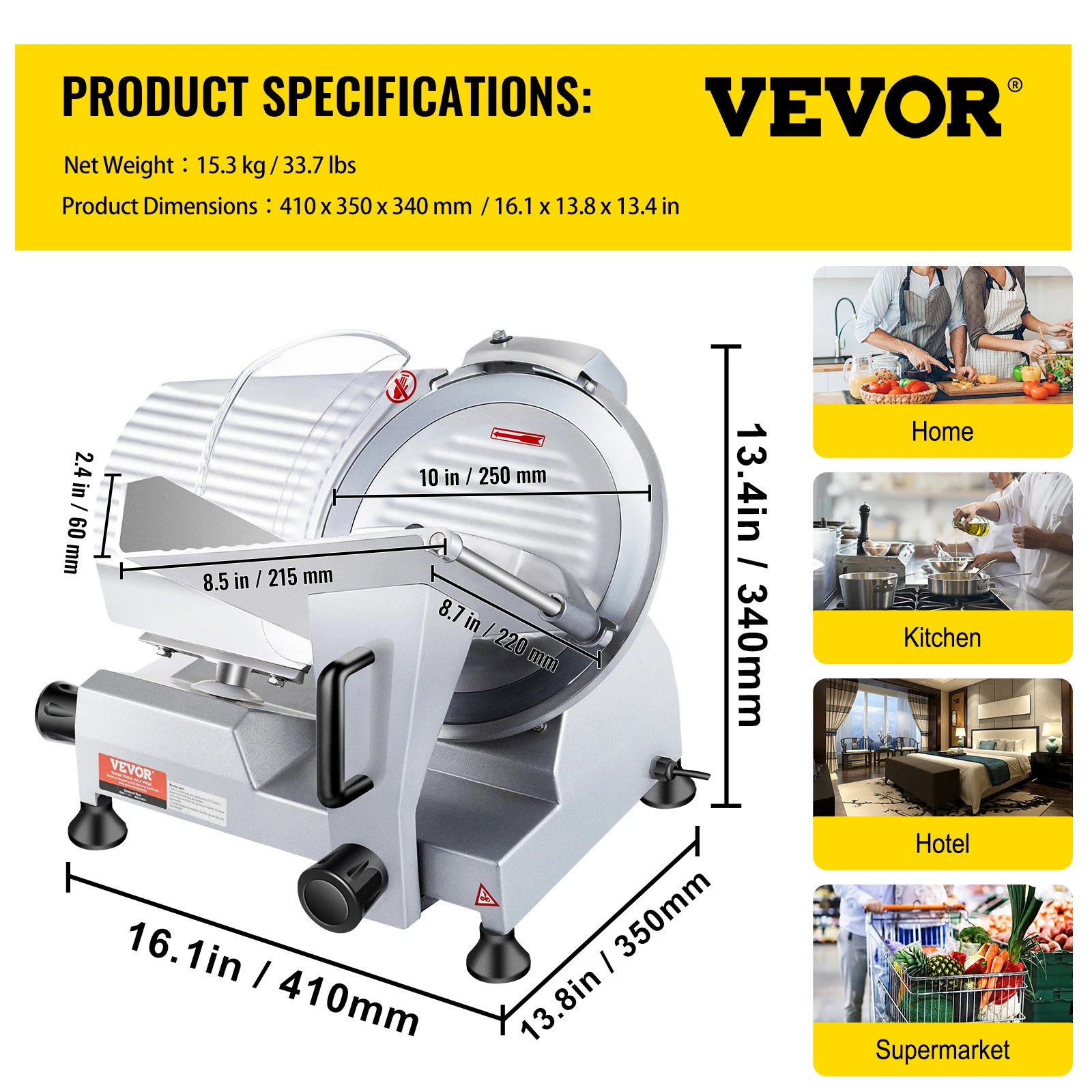 SucceBuy Commerciële Vleessnijmachine Elektrische Deli Voedselsnijder 10 "Koolstofstalen Mes Elektrische Voedselsnijder 350-400 RPM Vleessnijmachine