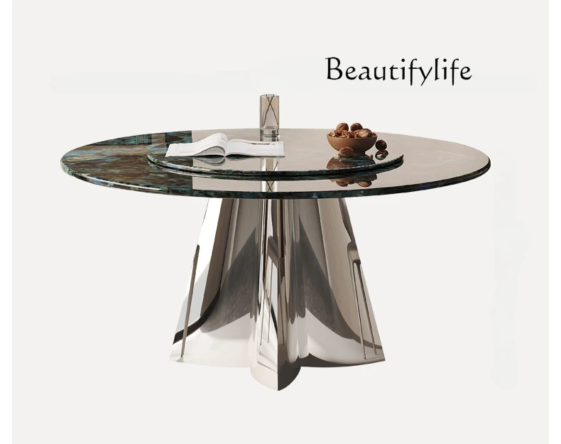 

Marble round Table Household High-End Luxury Stone Dining Table Mirror Stainless Steel Natural Super Crystal Stone