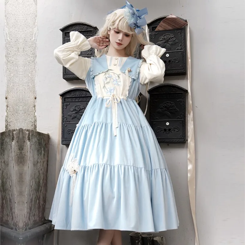 Niche Designer Embroidered Large Swing Dress Spring Color Matching Lolita Preppy Style