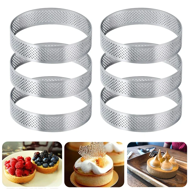 Circular Tart Ring Stainless Steel Tartlet Mold Perforated Fruit Pie Quiche Cake Mousse Mold Kitchen Pastry Baking Mold 1/4/6Pcs