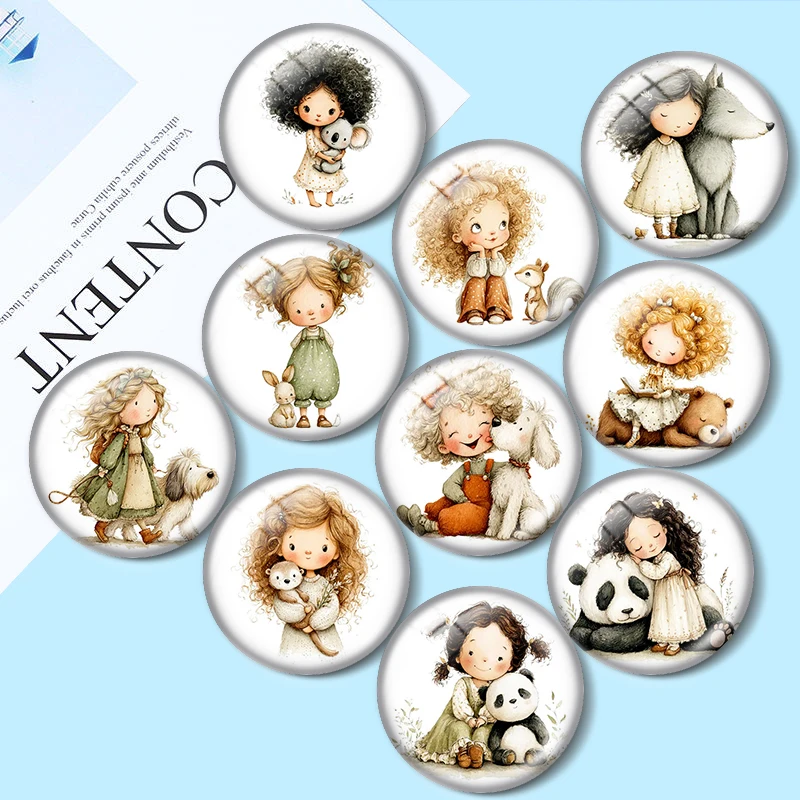 Little Buddies Girl Animal 12/18/20/25mm glass cabochon  bracelet pendant rings for jewelry demo earrings back Making findings