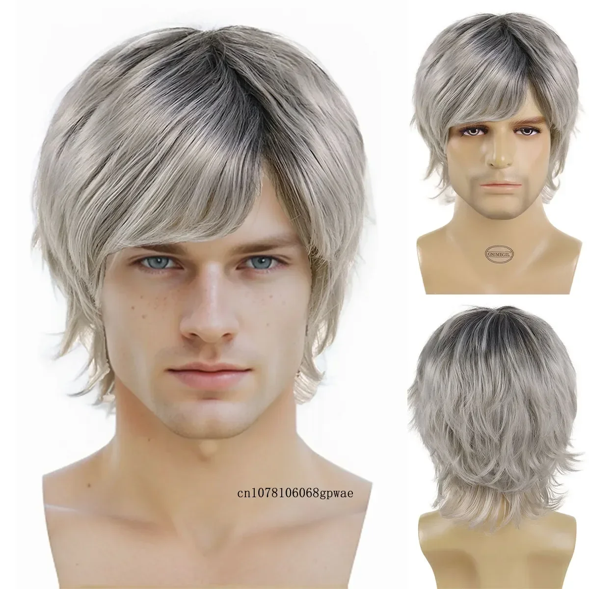 Synthetic Hair Men's Wigs Ombre Grey Short Wavy Shaggy Style Layered Daily Cosplay Halloween Costumes Male Older Grandpa Wig