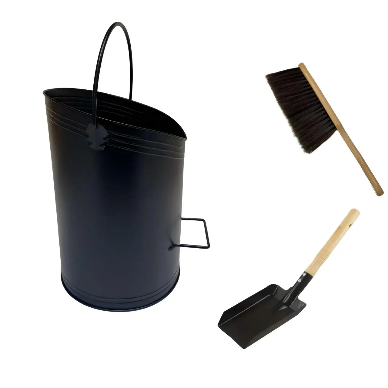 Semi-Circular Charcoal Container for Fireplaces Bundled with Shovel and Brush to Support Efficient Fuel Management