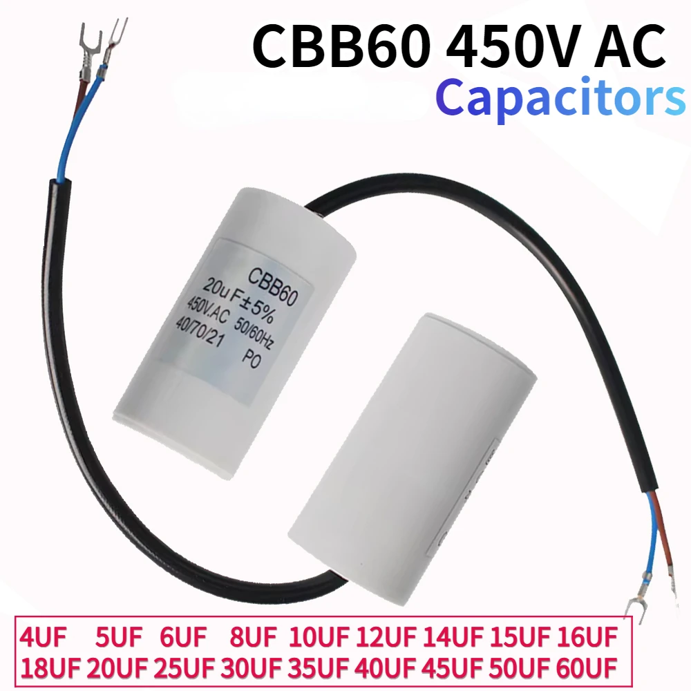 

2pc CBB60 Motor Run Capacitors 450VAC Starting Capacitor 5% for Washing Machine 450V 3UF 4UF 5UF 6UF 8UF 10UF 12UF 15UF 18UF 20U