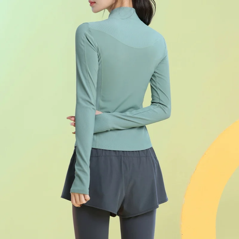 PHIGEER Ribbed Slim Fit Yoga Jacket Full Zip UP Workout Athletic Cropped Jackets Women Long Sleeve Running Shirts Sportswear New