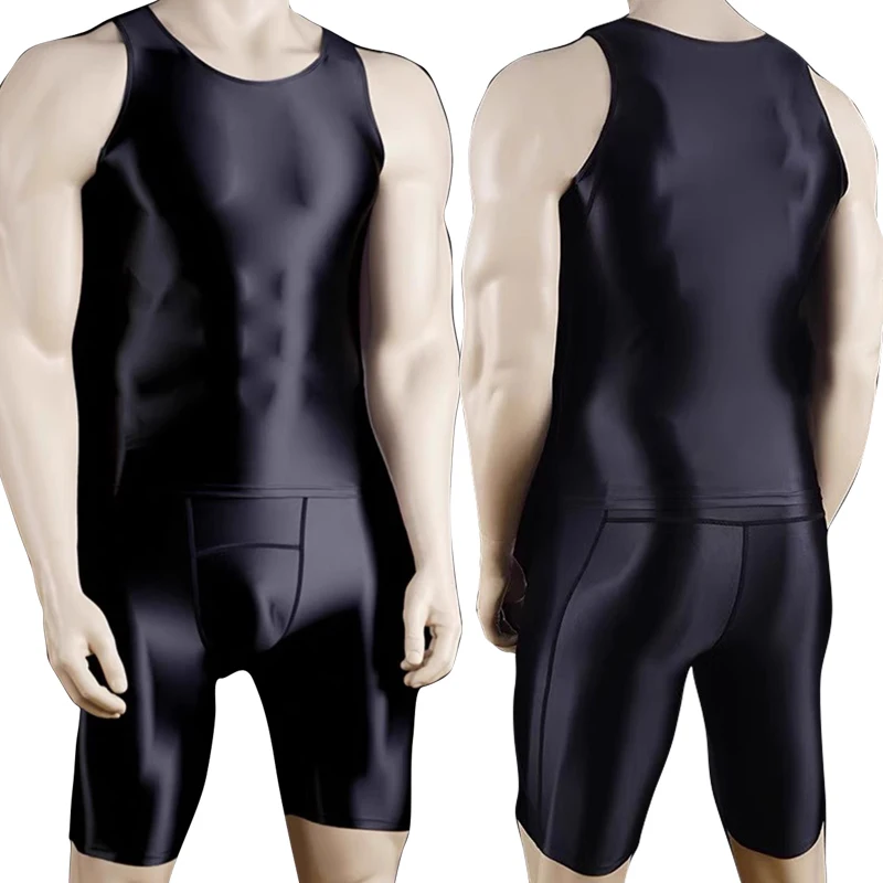 sexy gloss Weight Training Men Tracksuits Stretch Vest Tanks Shiny Sports Fitness Running Sets Tops Shorts Suits swimming trunks