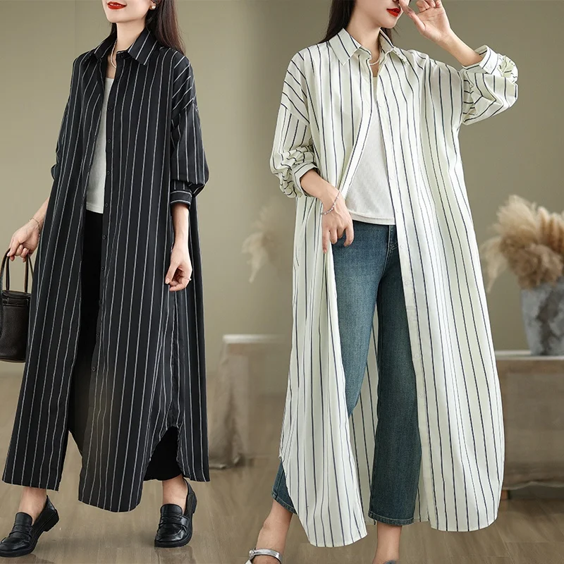 Loose Fit Cotton Linen irt Dr Artistic Casual Striped Mid-Length Korean Sle Women's Autumn Faion Commute Sle