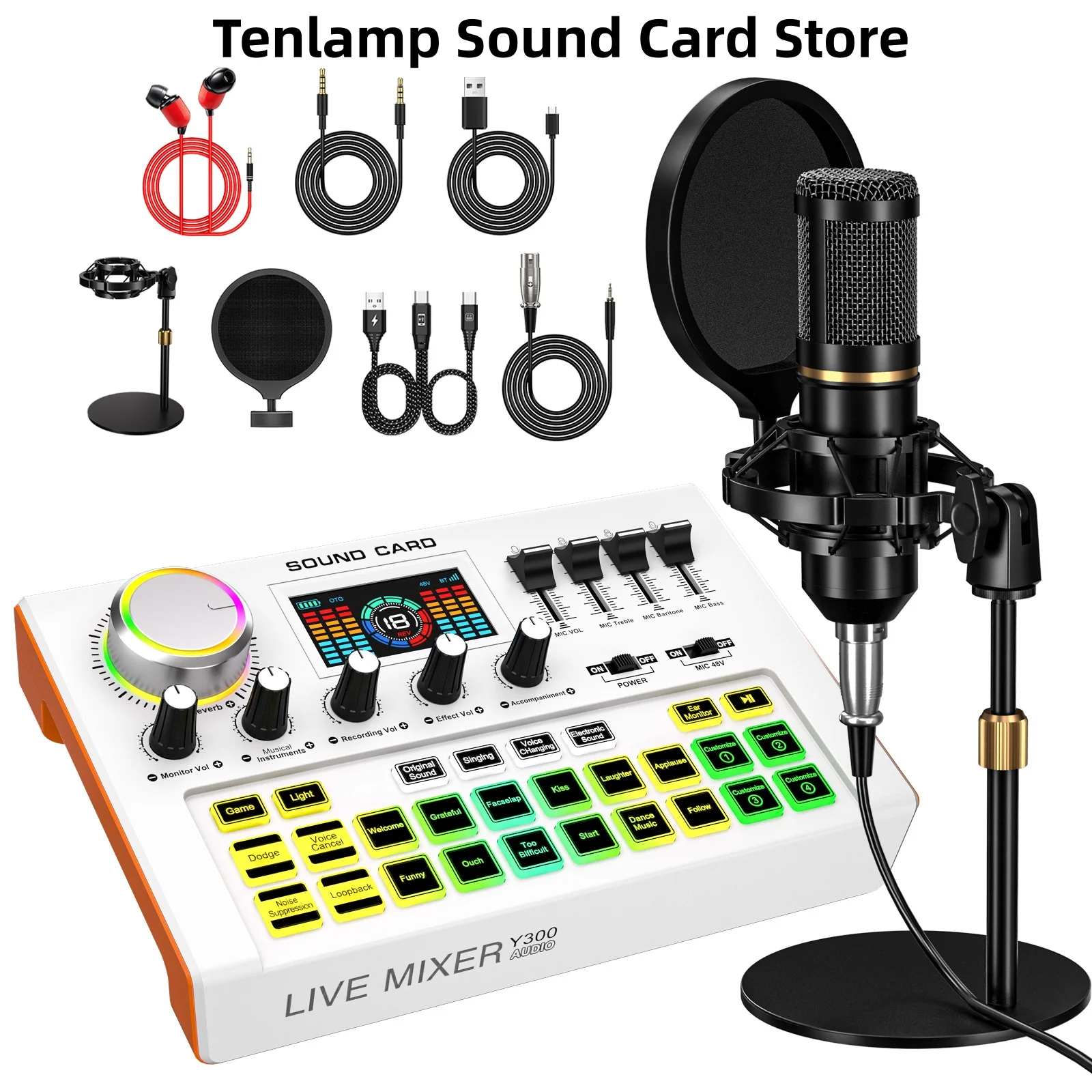 Podcast Equipment Bundle with 3.5mm Condenser Microphone for Pc/Phone Live Streaming，Y300-BM800 Live Sound Board Audio Mixer