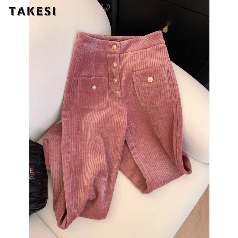 2023 Winter Vintage Casual Style High Waist Wide Leg Straight Pants Women's Fashion Solid Color Pockets Full Length Trousers