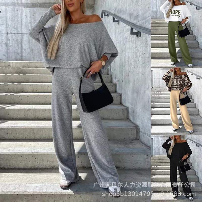 

Wepbel Y2K Off Shoulder Sweatshirt Top Casual Pants Suit Women Two Piece Sets Outfits Long Sleeve Tops Wide Leg Trousers Sets