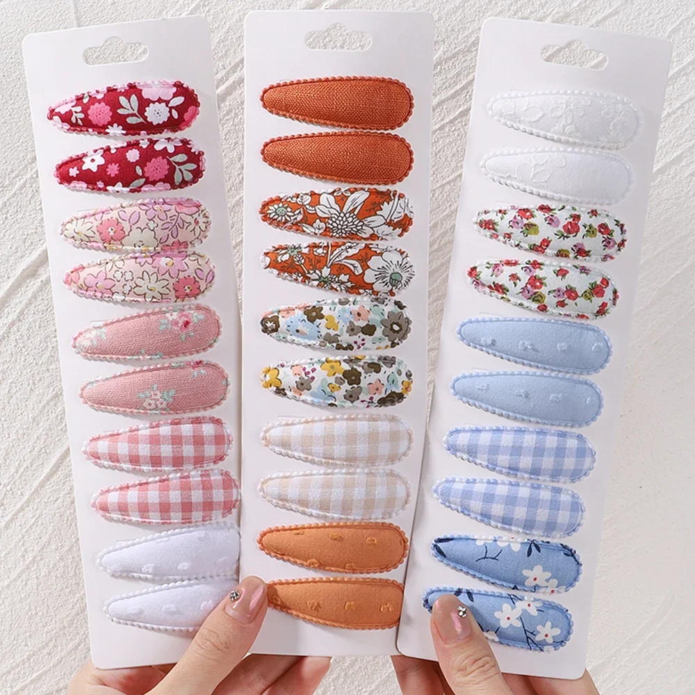 10Pcs/Lot Fresh Print Cotton Alloy Hair Clips for Kids Fabric Plaid BB Hairpins Girl Hairgripe Headwear Baby Hair Accessories