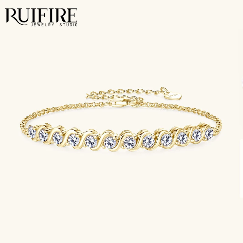 

RUIFIRE 18K Gold Plated S925 Sterling Silver 3MM Round Moissanite Bracelet Chain Bezel Set Spiral Design for Women Birthday Gift