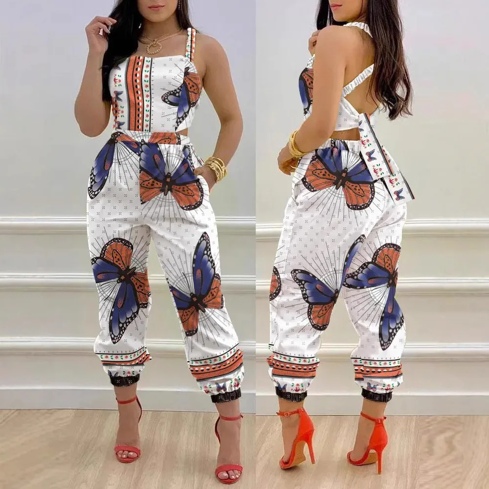 

Elegant Sleeveless Jumpsuits Women's Pants New Print Strap Sexy Shoulder Strap Jumpsuit Mono Mujer Macaco Feminino