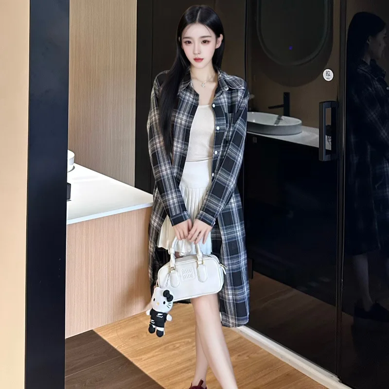 

Plaid Vintage Clothing Long Style Check Shirt Coat Japanese Vintage Fashion Summer Button Shirts Blouses Women's