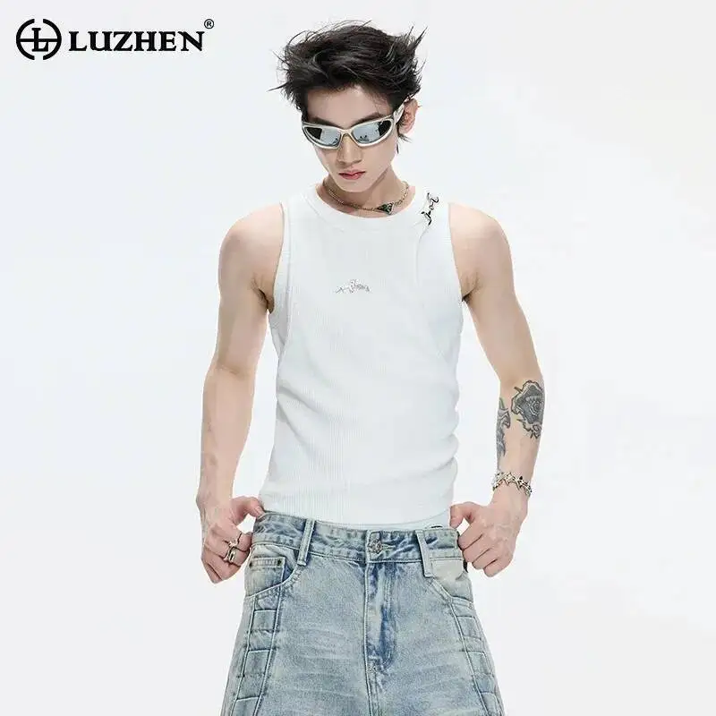

LUZHEN 2026 Summer Metal Buckle Decorate Solid Color Sleeveless T-shirts Men's Fashion Original High Quality Casual Vest JY6876