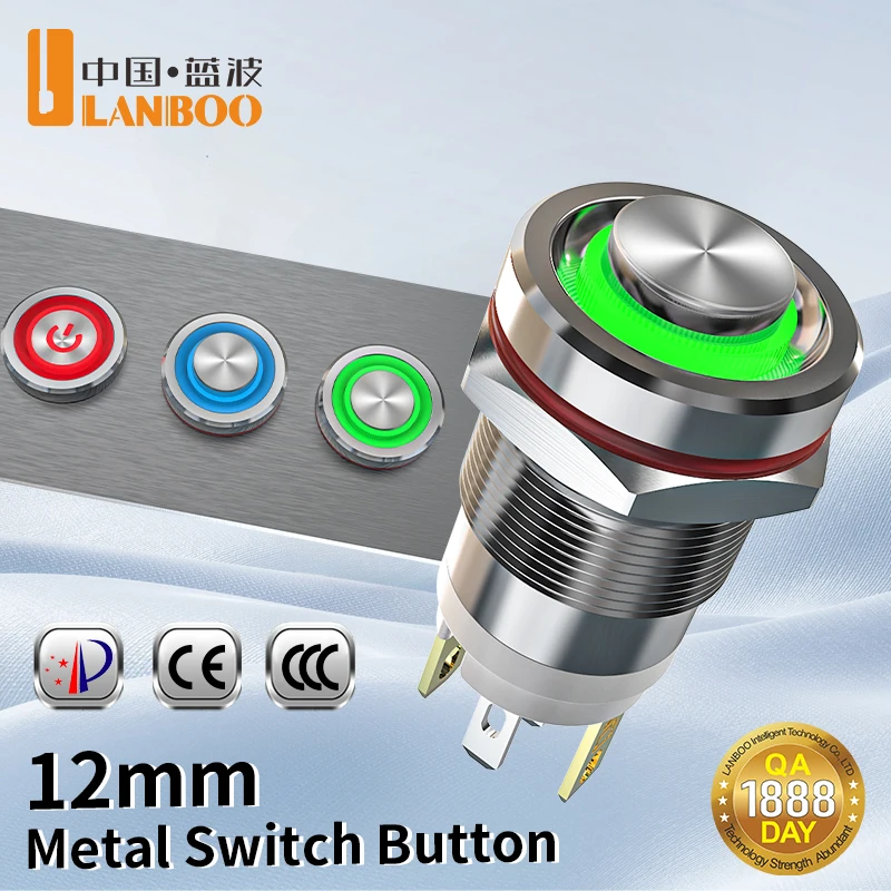 LANBOO 12mm High Current 7A 4 Pin Waterproof IP67 Latching/Momentary Micro Metal Push Button Switch with LED for 24V/220V Applic