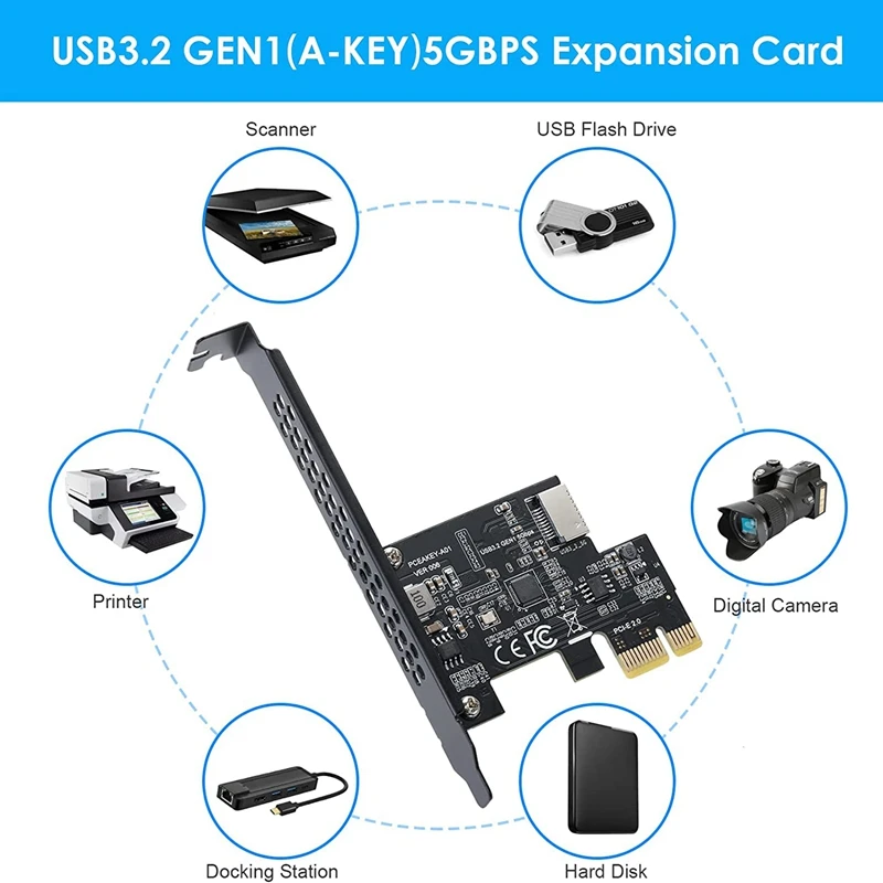 PCI-E 1X Ke USB 3.2 GEN1 5Gbps Kartu Ekspansi Tipe-e A-key, Antarmuka Tipe C Panel Depan untuk PC Desktop (ASM1042A)