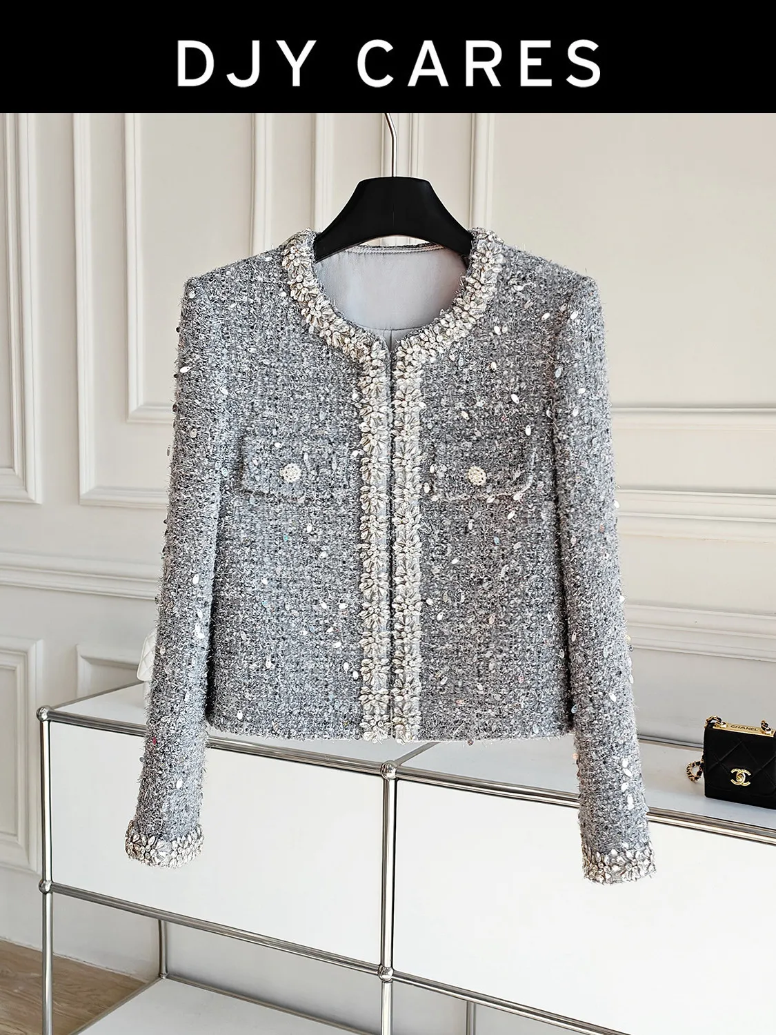 

New Heavy Industry Diamond Lace Exquisite Grey Short Coat Top big size