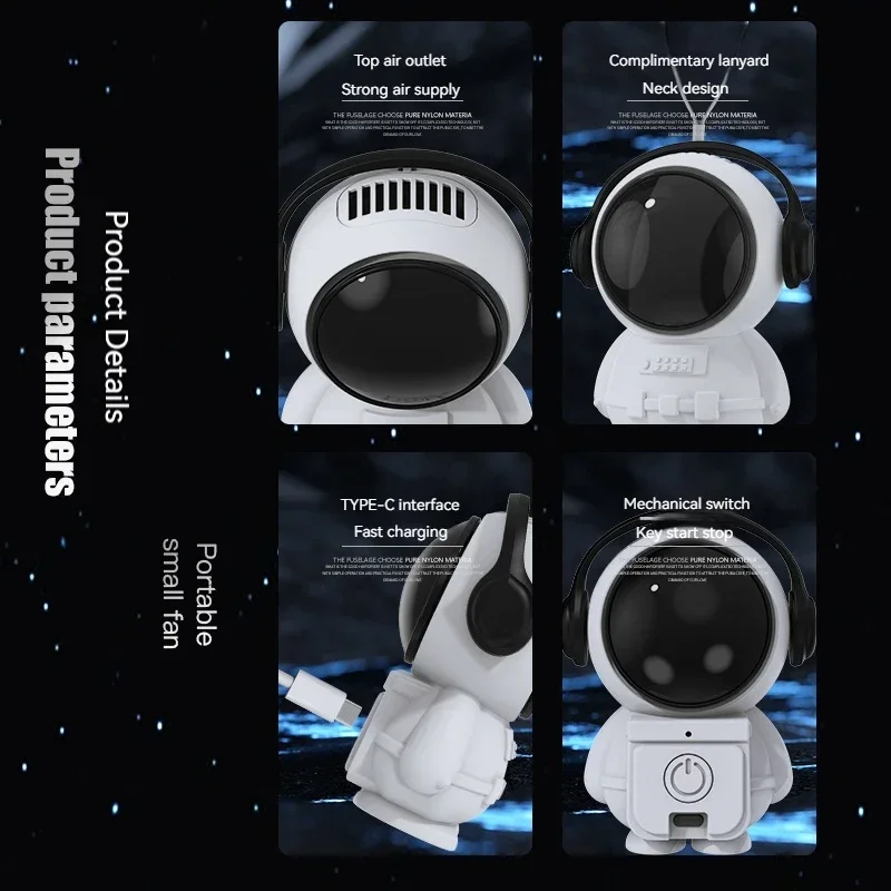 مروحة محمولة معلقة على الرقبة لرائد الفضاء كارتونية صغيرة عبر الحدود محمولة بدون أوراق شحن مروحة USB تصميم بدلة الفضاء ماتر بلاستيكي