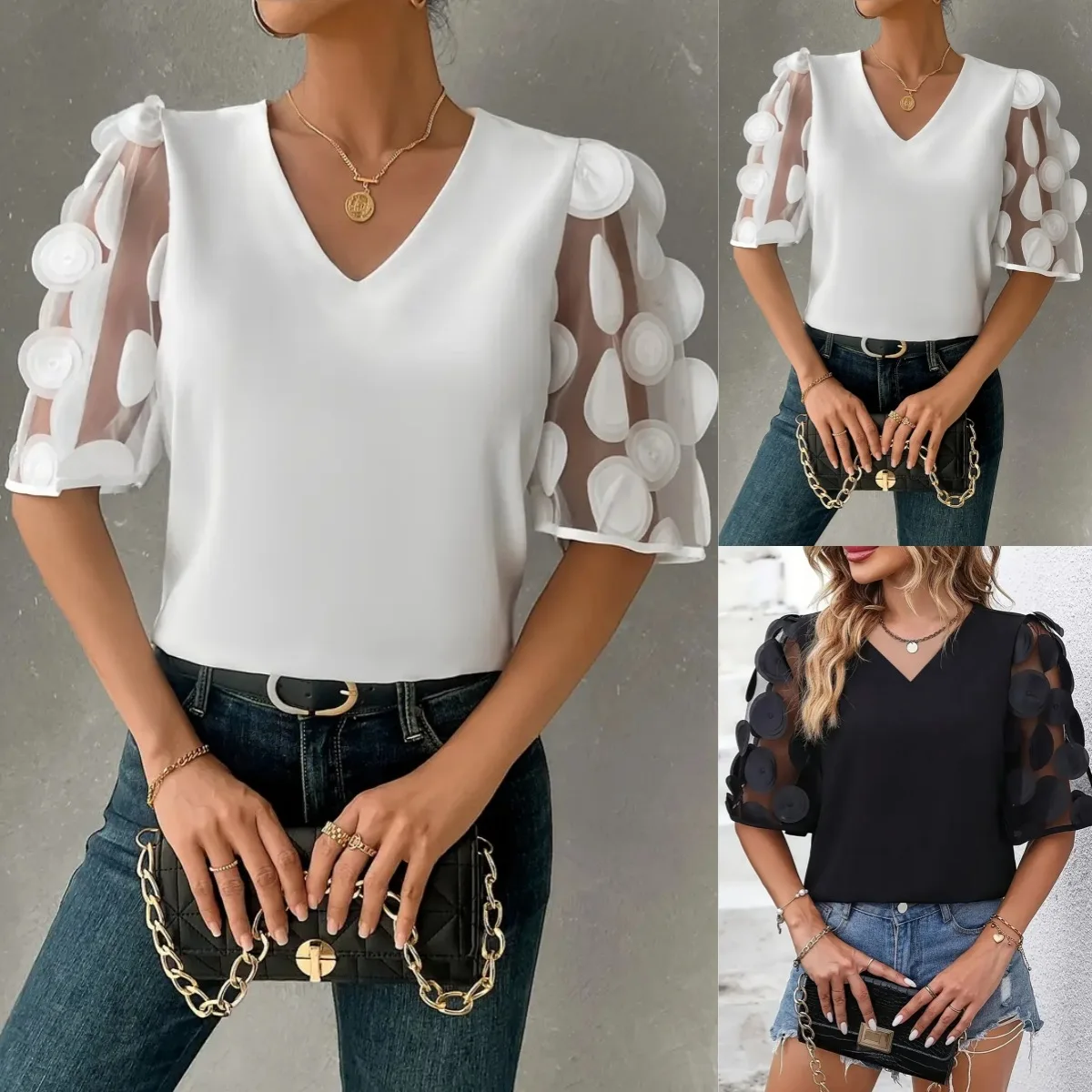

2026 Amazon Aliexpress New Summer Commuting Solid Color Simple V-Neck Lace Patchwork Short Sleeve Shirt For Women