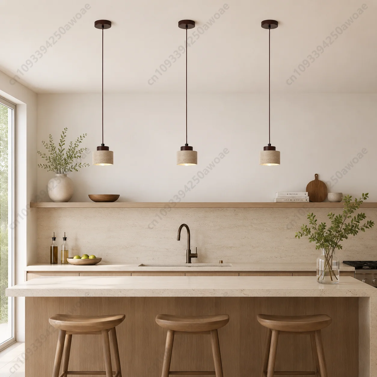

12cm Travertine Pendant Light Wabi Sabi Stone Wood LED Hanging Lamp E27 Chandelier For Bedroom Bedside Kitchen Island Dining Bar