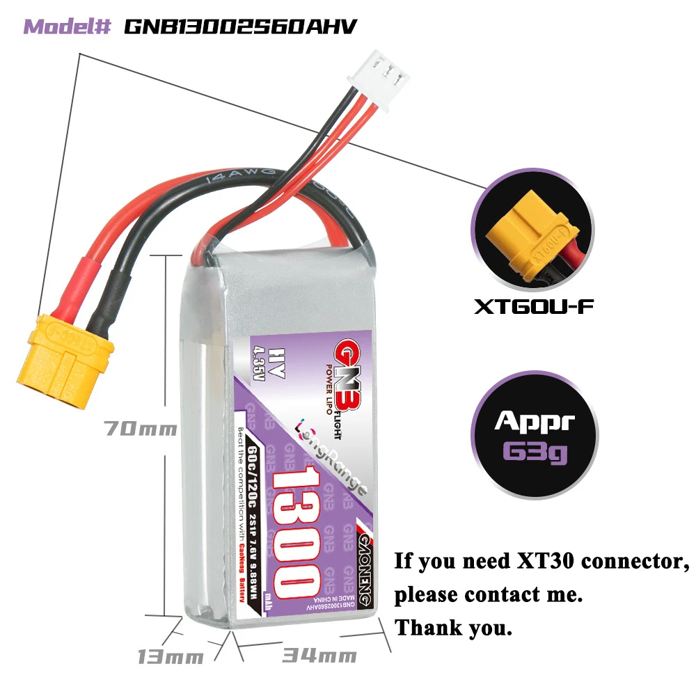 Batería Lipo GNB 2S 7,6 V 1300mAh 60C/120C para Dron de carreras FPV Quadcopter helicóptero piezas de avión 7,6 V batería recargable