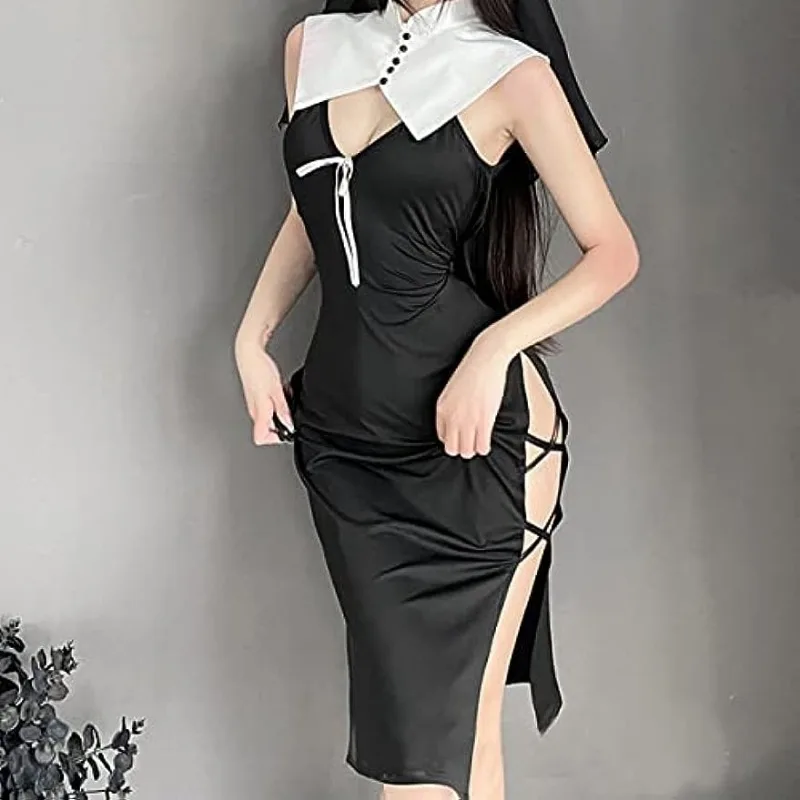 Sexy Nun Cosplay Halloween Girl Costume Kawaii Erotic Clothing New Anime Goth RolePlay Outfit Woman Vintage High Slit Dress Suit